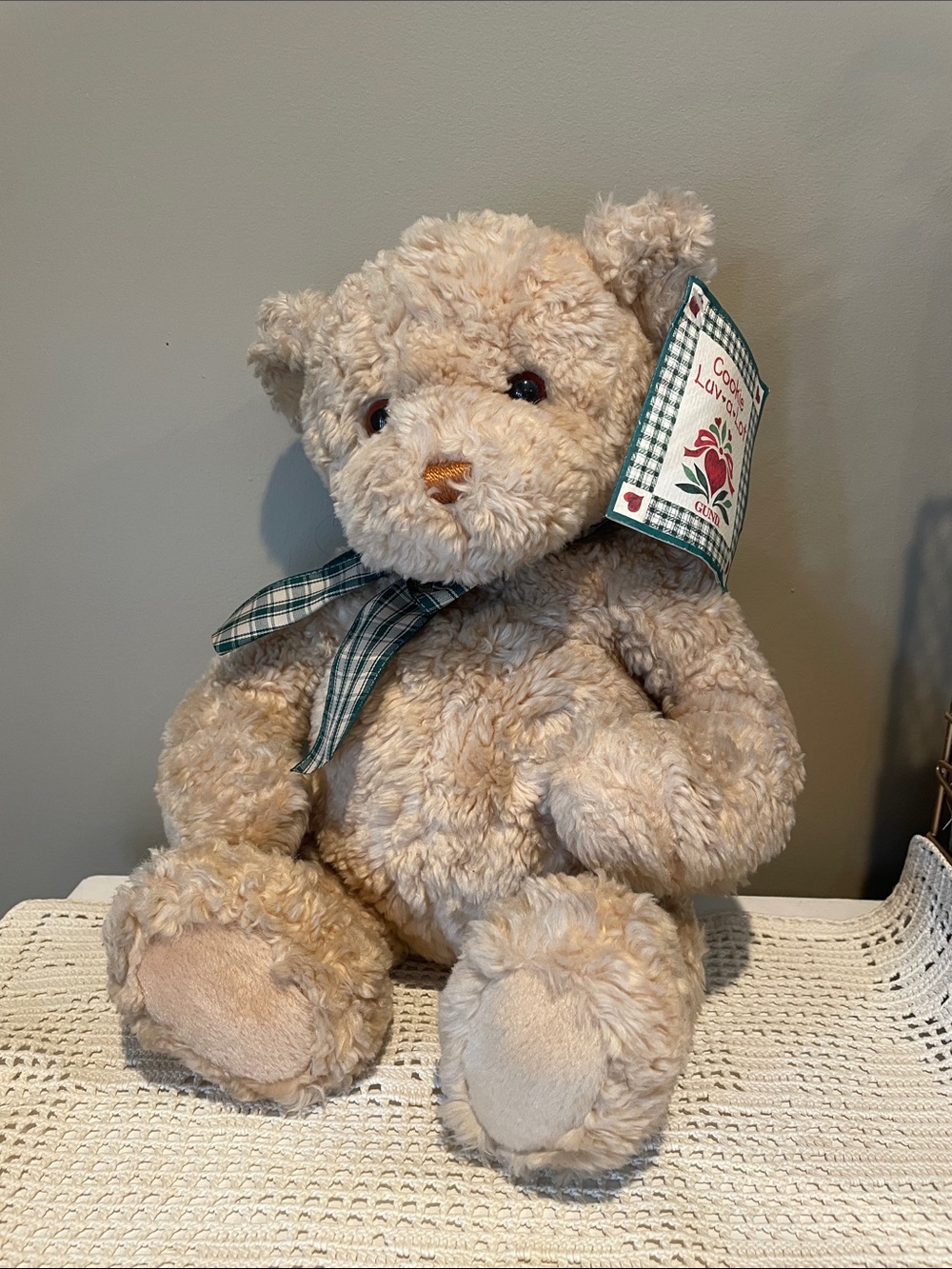 Gund Tan Plush Teddy Bear with Green Plaid Bow- cookie luv a lot